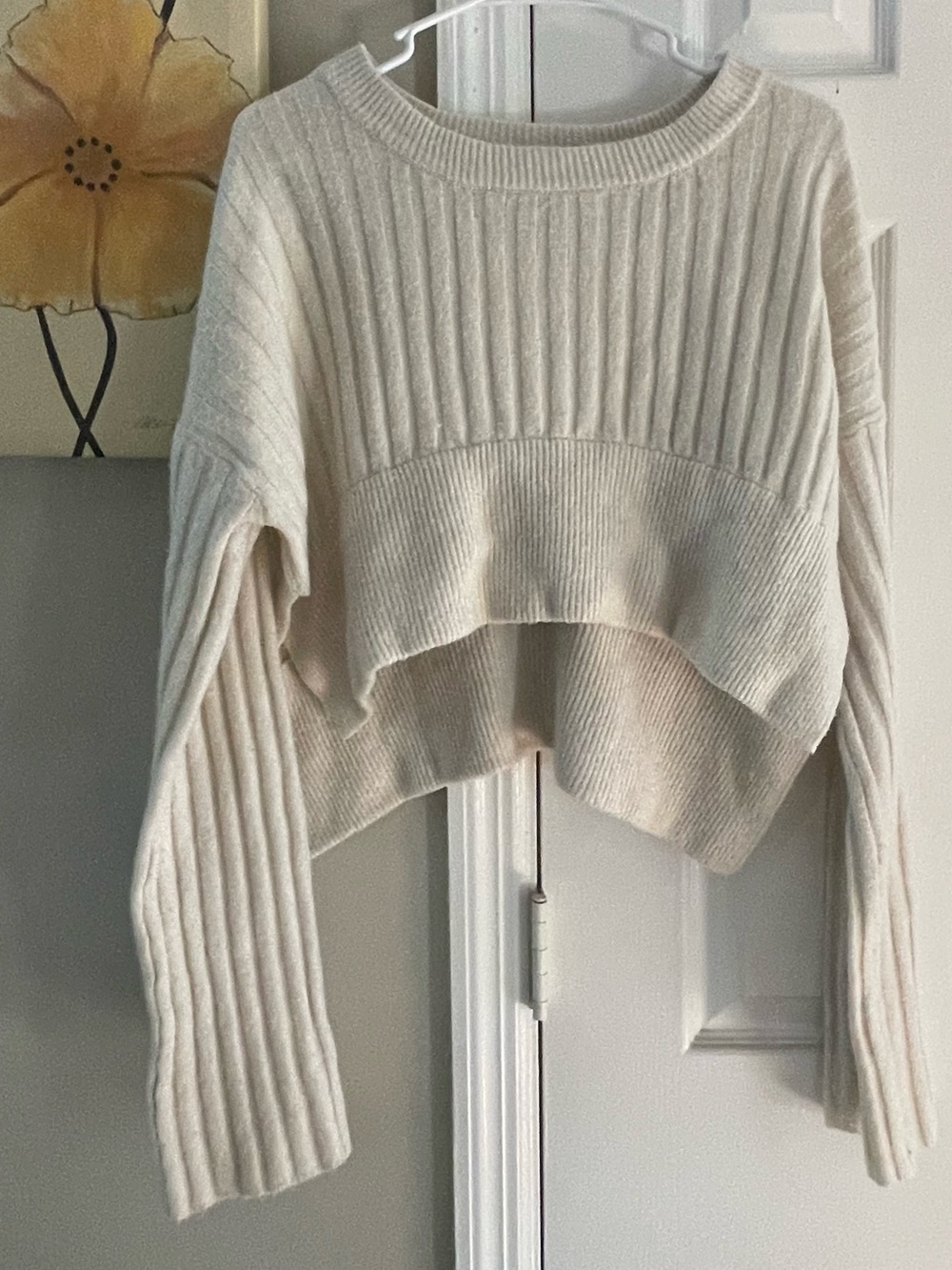 Urban Outfitters Cream Ribbed Cropped Crew Sweater